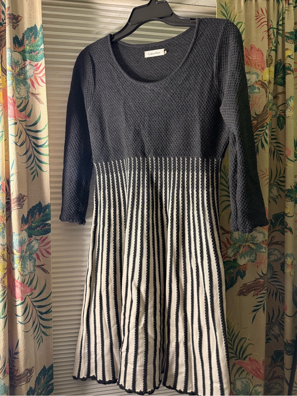 Calvin Klein Black Textured Bodice with White and Black Striped Skirt Dress